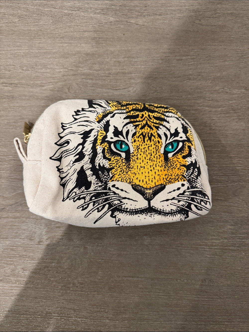 Tiger Face Canvas Pouch in Cream with Yellow and Teal Accents